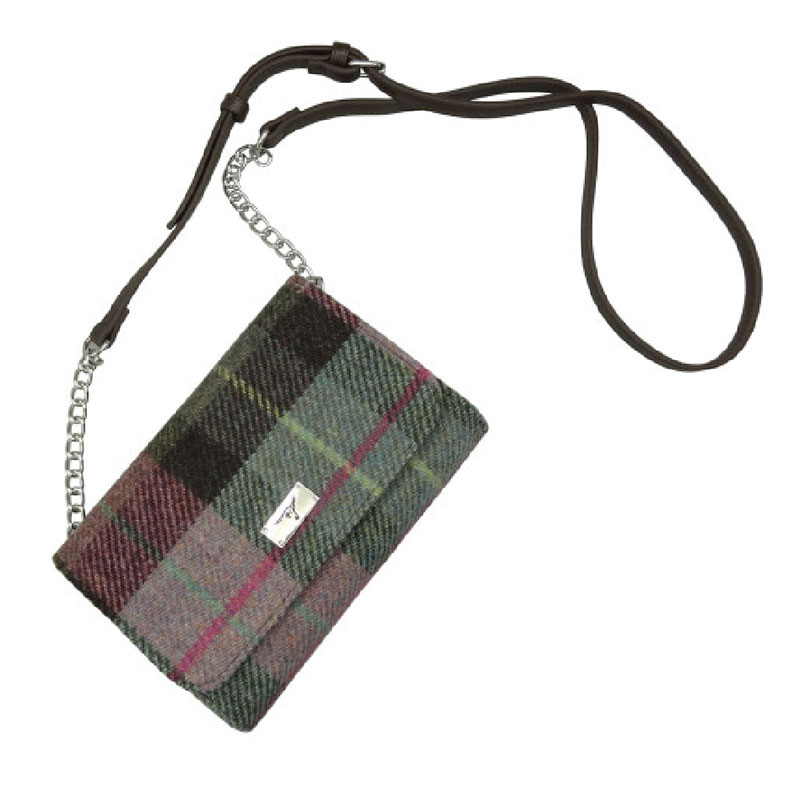 Sac à bandoulière portefeuille Harris Tweed Strathy en tartan vert pâle rose