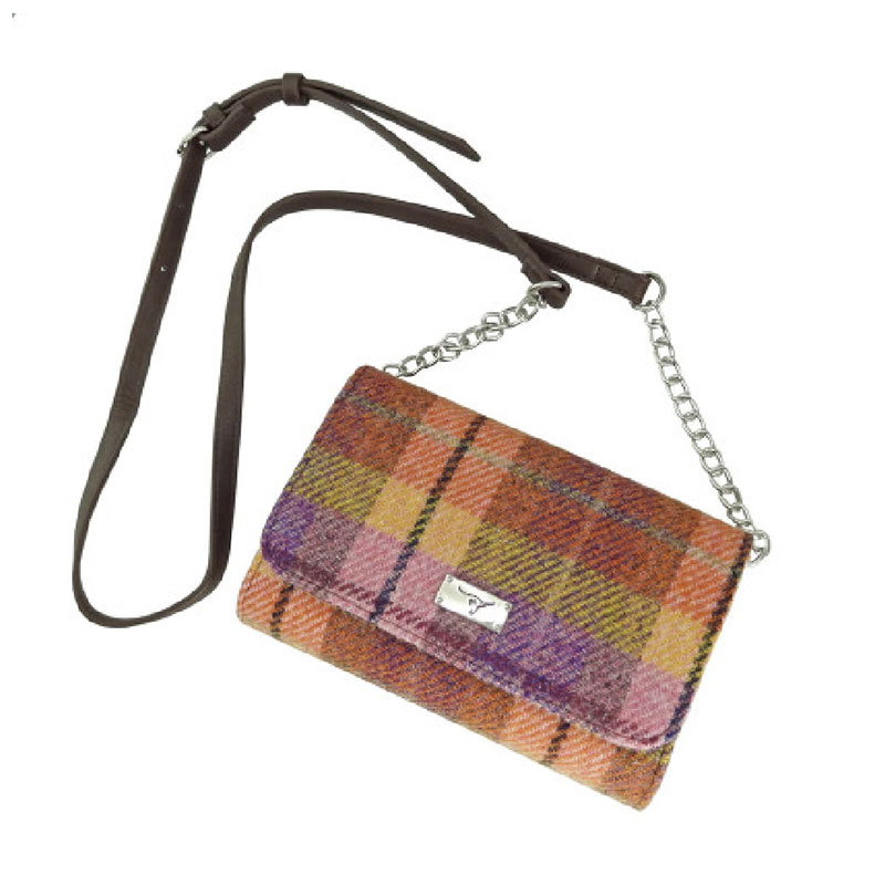 Sac à bandoulière portefeuille Harris Tweed Strathy en tartan pêche et violet