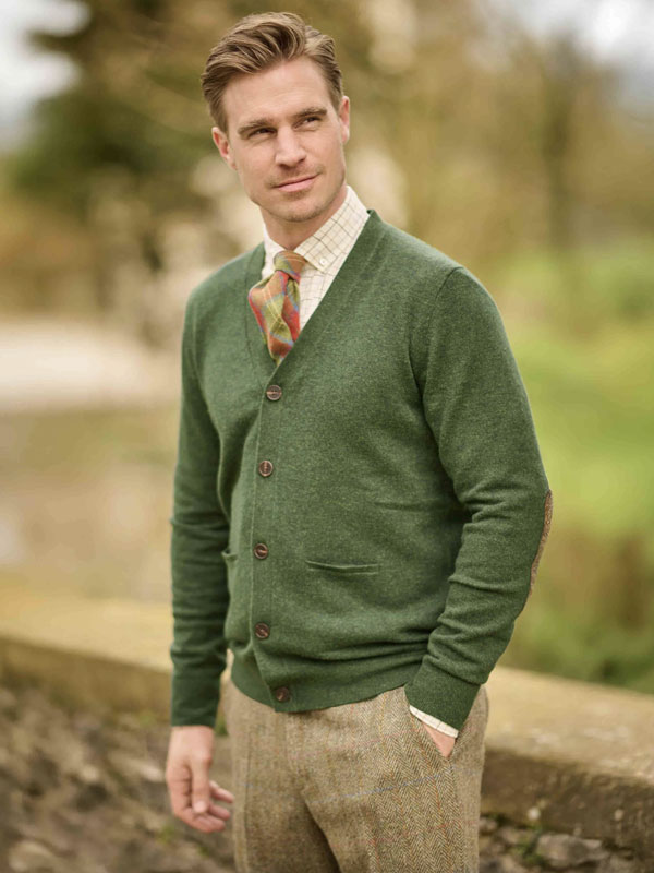 Cardigan_lambswool_met_Harris_Tweed_details_Racing_Green Cardigan_lambswool_met_Harris_Tweed_details_Racing_Green