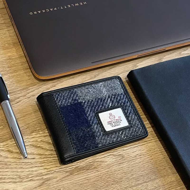 Harris Tweed Bifold Wallet In Blue Check - Afbeelding 3