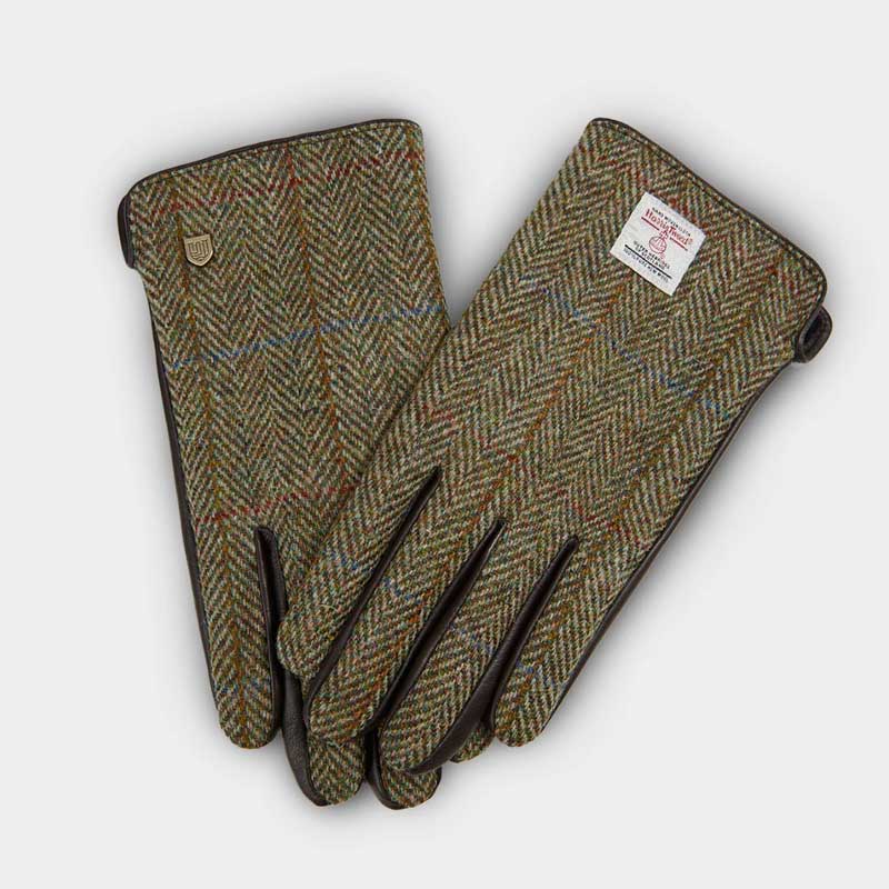 Gants Harris en tweed à chevrons châtaigne pour homme
