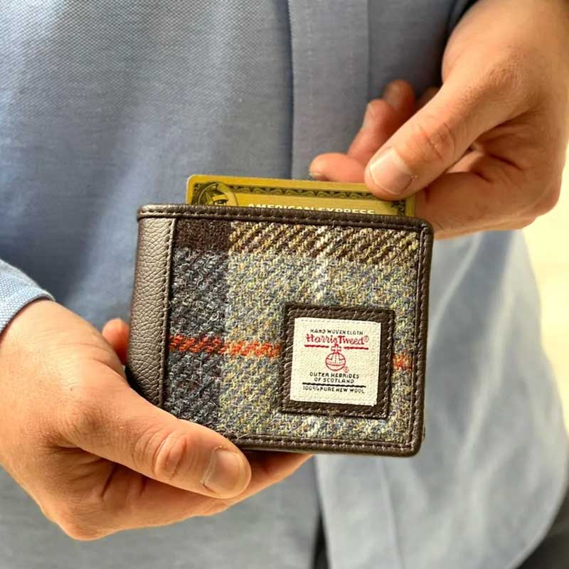 Harris Tweed Bifold Wallet In Blue Brown Check - Afbeelding 5