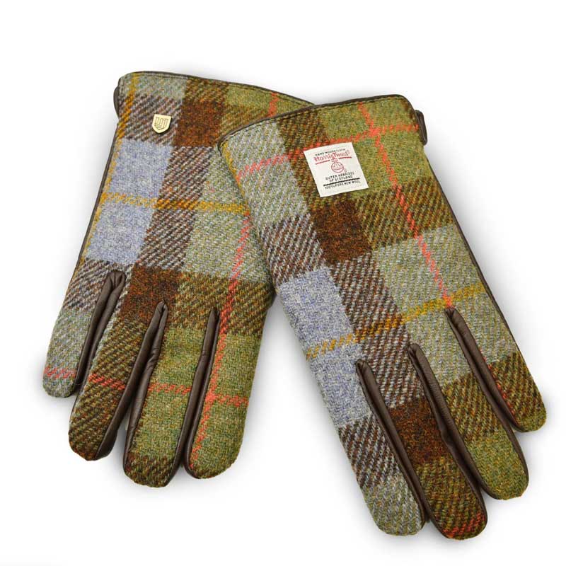 Gants en tweed Harris pour hommes, motif tartan bleu châtaigne