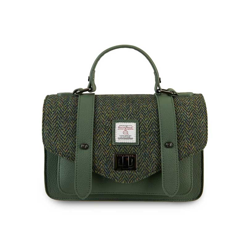 Pochette en tweed Harris - Sacoche moyenne en cuir - Islander - Motif chevrons vert foncé