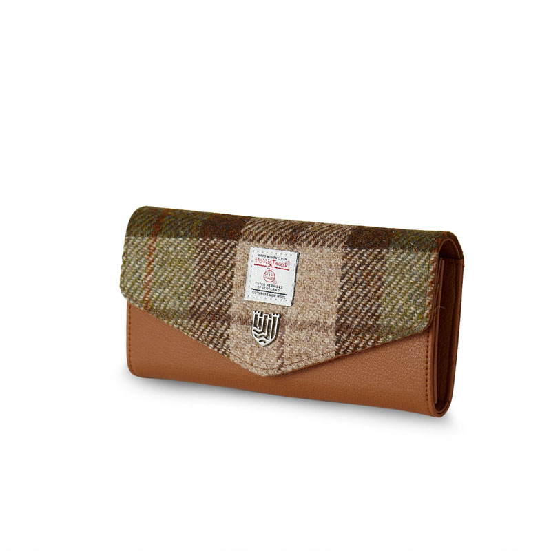 Portefeuille Harris Tweed - Grand fermoir - Tartan châtaigne